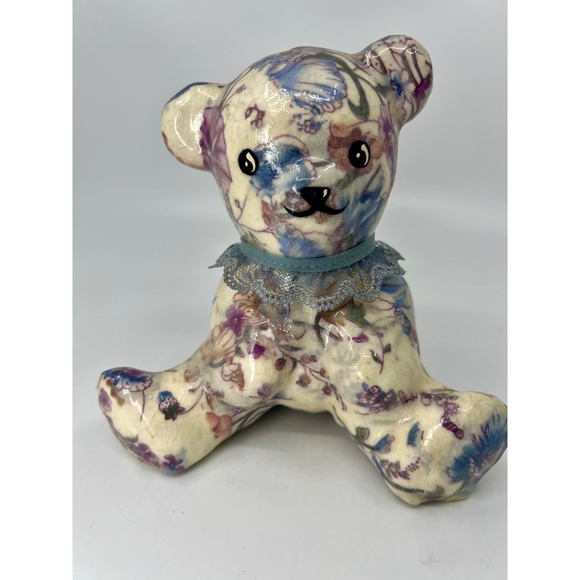 Vintage Decoupage Floral Ceramic Teddy Bear Figurine Flowers & Lace - Picture 8 of 8